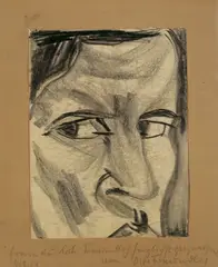 Otto Freundlich, Selbstbildnis, 1918, Bleistift auf Papier, vom Künstler auf braunen Karton montiert