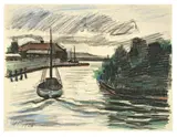 Max Pechstein, Hafeneinfahrt (Leba), 1928, Schwarze und farbige Kreide auf dünnem Papier (aus einem Zeichenblock)