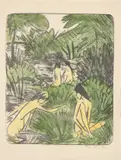 Otto Mueller, Waldsee mit drei badenden und einem sitzenden Mädchen 2, 1918, Lithografie auf Japan, mit Aquarell und Farbkreide koloriert