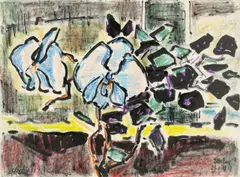 Karl Schmidt-Rottluff, Vase mit Zweigen vor Fenster II, 1968, Farbkreide und Tuschfeder auf dünnem Bütten