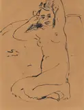 Kniender weiblicher Akt mit erhobenen Armen by Ernst Ludwig Kirchner, Um 1909, Tuschpinsel auf braunem Papier, sold Dec 2023