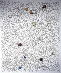 Claire Falkenstein, Custom hanging screen, 1958, Welded bronze with colored glass orbs