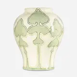 Early vase with stylized leaves by Katherine Kopman for Newcomb College Pottery, c. 1902, glazed earthenware, sold Jun 2020