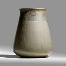Monumental vase with conventionalized peacock feathers by Arthur Eugene Baggs for Marblehead Pottery, 1908, glazed earthenware, sold Jun 2020