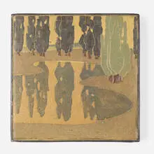 Exceptional and Rare scenic tile by Arthur Eugene Baggs for Marblehead Pottery, c. 1908, glazed earthenware, sold Jun 2020