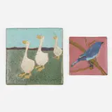tiles, set of two by Van Briggle Pottery, c. 1909, glazed earthenware, sold Jun 2020