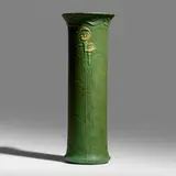 Rare vase with Jack-in-the-Pulpits by Wilhelmina Post for Grueby Faience Company, c. 1909, glazed earthenware, sold Jun 2020