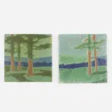 The Pines tiles, set of two by Grueby Faience Company, c. 1906, glazed earthenware decorated in cuenca, sold Jun 2020