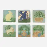 tiles, set of six by Grueby Faience Company, c. 1909, glazed earthenware decorated in cuenca, sold Jun 2020