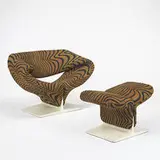 Pierre Paulin, Ribbon chair and ottoman, model #582, 1965, upholstery, lacquered wood