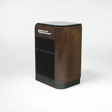 Donald Deskey, nightstand, c. 1940, black lacquer, walnut burl, chrome-plated steel