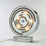 Innocente Gandini, Sunlight table lamp, c. 1970, chrome-plated steel, mirrored glass, frosted glass