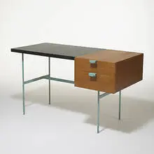 desk by Pierre Paulin, 1953, oak, laminate, enameled metal, sold Mar 2006
