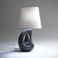 Freeform table lamp by Georges Jouve, c. 1950, glazed ceramic, linen, sold Mar 2006