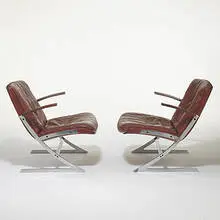 Preben Fabricius, lounge chairs, pair, c. 1968, stainless steel, leather, canvas