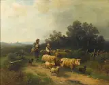 Heinrich Steinike, Leading the flock to pasture, oil on canvas