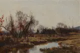 Hugh Bolton Jones, An autumnal landscape with cattle watering, oil on canvas