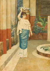 Flower gatherer by Pietro Gabrini, watercolor over traces of pencil on paper, sold Aug 2021