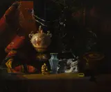 Francis Scott King, An exotic still of Asian items on a table, oil on canvas