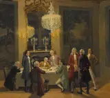 Else A. Franke, Elegant gentlemen engaging in after dinner discussion, oil on panel
