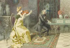 Giuseppe Aureli, The duet, watercolor on paper