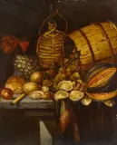 Paolo Antonio Barbieri, A still life with oysters, a melon, a wine jug and a barrel on a table, oil on canvas