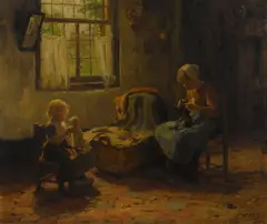 Evert Pieters, A mother and child in a cottage interior, oil on canvas