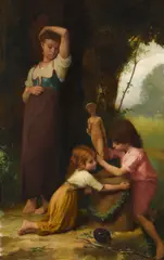 Émile Lévy, Children decorating garden statuary with garland, oil on canvas
