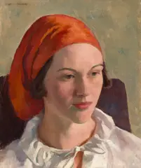 Ivan G. Olinsky, A portrait of a woman in a red headscarf, oil on board