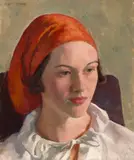 Ivan G. Olinsky, A portrait of a woman in a red headscarf, oil on board