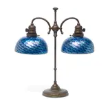 Double Student Lamp with Lundberg Studios Shades by Tiffany Studios, patinated bronze, decorated iridescent glass, sold Aug 2021