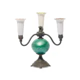 Durand Art Glass, Three Light Lamp with Tulip Shades, patinated metal, decorated glass, iridescent glass shades, apparently unsigned