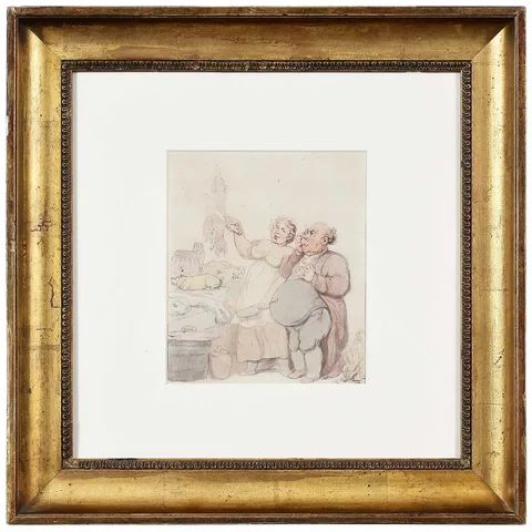 Thomas Rowlandson, The Meat Seller with a Gourmand, ink and watercolor on laid paper