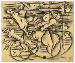 Johannes Molzahn, Menschen und Kühe (Figuren und Tiere), 1917, Ölkreide und Bleistift auf bräunlichem Papier (aus einem Skizzenbuch)