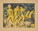 Otto Mueller, Fünf gelbe Akte am Wasser, 1921, Farblithografie auf gelblichem Velin