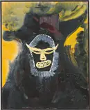 Jonathan Meese, Der VERTEIDIGUNGSMINISTER „SKROKODILLYS“ im goldenen BURGVERLIEß der Skelettbreiigen, blau (Kokain XIII), 2005, Öl auf Leinwand. Mit der originalen Transportkiste der Edition Monopol 2005 Kokain