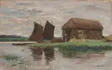 Hans am Ende, Moorhütte mit Booten