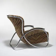 Kem Weber, LC-52 lounge chair, c. 1930, chrome-plated steel, upholstery, walnut