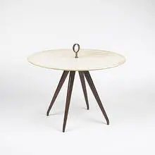 coffee table by Osvaldo Borsani, c. 1955, Italian walnut, parchment over lacquered wood, brass, sold Mar 2006