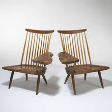 armchairs, pair by George Nakashima, c. 1968, American black walnut, English walnut, hickory, sold Mar 2006