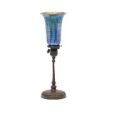 Bronze Lamp Base with Quezal Glass Shade by Tiffany Studios, iridescent glass with feathered pattern, patinated bronze, offered Aug 2021