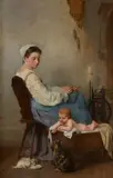 Adolphe Weisz, Watching the kittens, oil on panel
