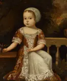 Anglo-Dutch School, A portrait of a child holding a bird, seated before a balustrade, oil on canvas
