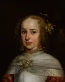 Dutch School, A portrait of an elegant young lady, bust-length, in a white, gold and red dress