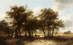 James Stark, Figures on a path with sheep near the Marlborough forest, oil on panel