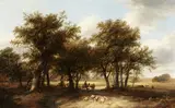 James Stark, Figures on a path with sheep near the Marlborough forest, oil on panel