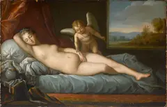 Venus reclining before a curtain attended by Cupid by François Boucher, oil on canvas, sold Apr 2021