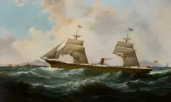 Samuel Walters, The Guion Line's Manhattan outward bound for Liverpool off the Skerries, Anglesey, oil on canvas