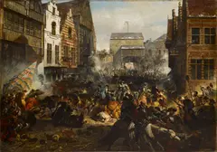 Adolf Alexander Dillens, An attack on Antwerp in 1583 by the Duc D'Anjou, the former Duc D'Alencon, oil on canvas