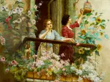 Stefano Novo, Venetian women on a balcony, oil on canvas